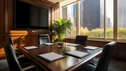 A professional yet warm collaborative environment with soft lighting, large windows and inspiring city views