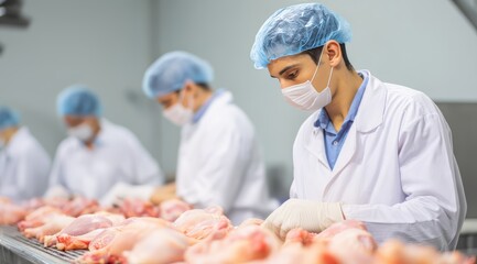 workers in meat processing facility wearing protective gear handling Processing Poultry – Perfect for Food Industry and Hygiene Concepts