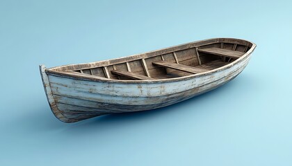 Obraz premium Old wooden boat on a blue background. 3D illustration. Copy space.
