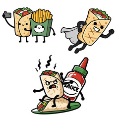 3 Cartoon Shawarma Character taking Selfie , Flying , Ridding with Vegetables Inside, Vector Illustration for Food Promotion and Fast Food Design, Isolated on White Background.
