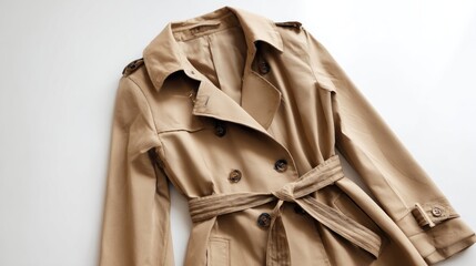 Beige double-breasted trench coat with belt, displayed on a white background