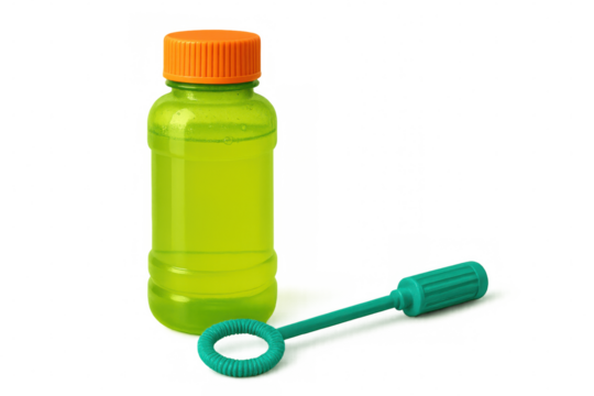 Green plastic bottle with orange cap containing soap bubbles liquid and its wand, isolated on transparent background