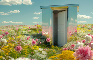 A mirrored door stands open in a vibrant wildflower field under a clear sky. Surreal architectural concept blending nature and modern reflection.
