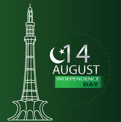 Minar-e-Pakistan outline with crescent and star for the August Independence Day celebration on a green background