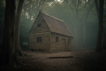Cabin hidden deep within foggy forest