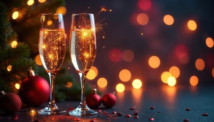 Sparkling holiday lights, anniversary champagne flutes, golden, event