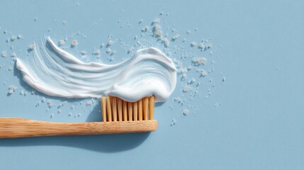 Swirled toothpaste on bamboo toothbrush with scattered particles on light blue background