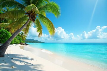 Azure water laps white sand, palm trees sway gently , white, relaxation