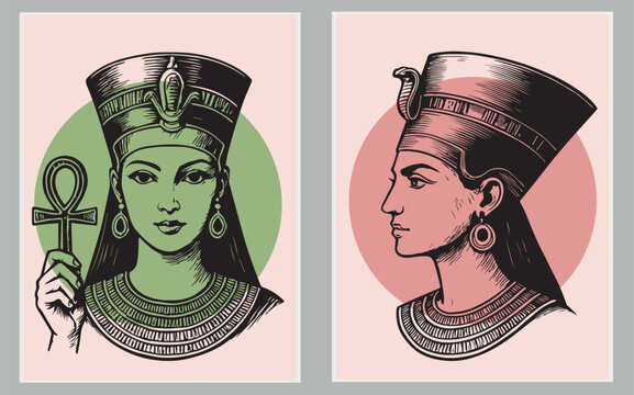 Cleopatra face, Egyptian pharaoh queen, ancient goddess portrait, Egypt woman black hair, gold crown. Mythology character, jewelry necklace old civilization Nefertiti princess. Egypt Cleopatra clipart