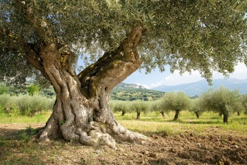 Old olive tree stands in a Mediterranean orchard in Greece surrounded by lush greenery, Greece mediterranean old olive tree in orchard