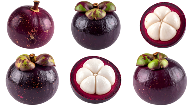 realistic png set of mangosteen whole and halved fruit, showing white juicy segments and glossy purple rind, isolated on transparent background for tropical food and healthy product designs
