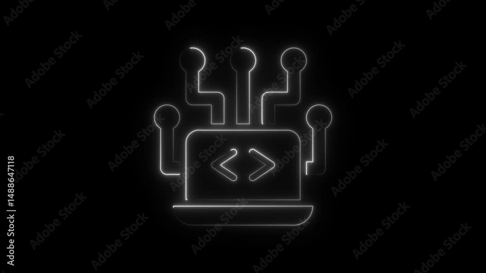 Poster neon glow circuitry and coding symbol on a black background representing technology and development