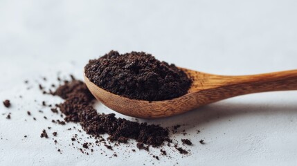 Dark, finely-ground coffee in a wooden spoon, spilling slightly onto a light surface