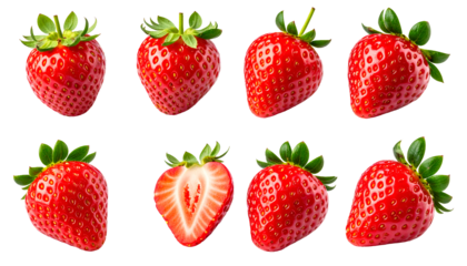 realistic png set of fresh whole and sliced strawberries with green leaves, isolated on transparent background, perfect for food packaging, dessert decoration, and healthy product design
