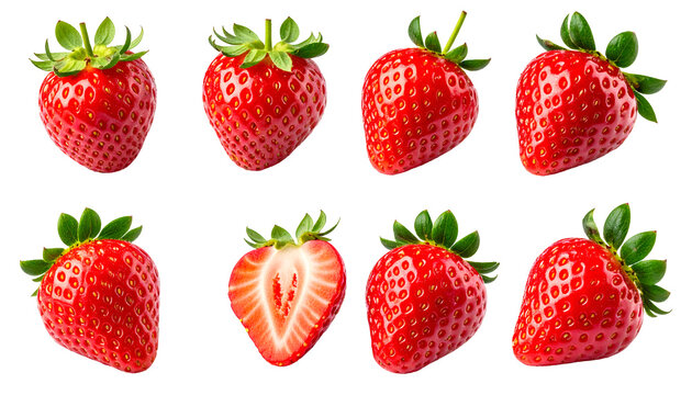 realistic png set of fresh whole and sliced strawberries with green leaves, isolated on transparent background, perfect for food packaging, dessert decoration, and healthy product design
