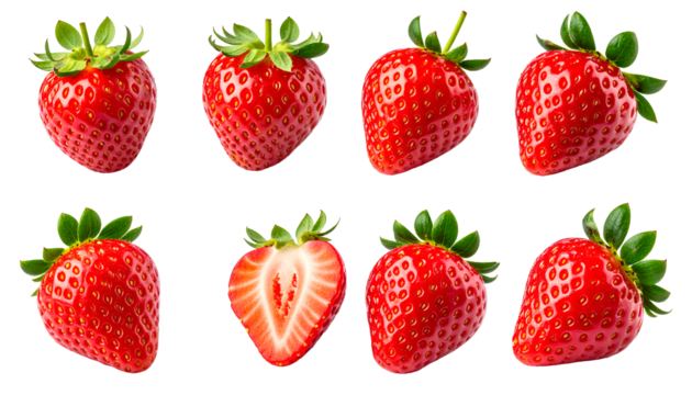 realistic png set of fresh whole and sliced strawberries with green leaves, isolated on transparent background, perfect for food packaging, dessert decoration, and healthy product design
