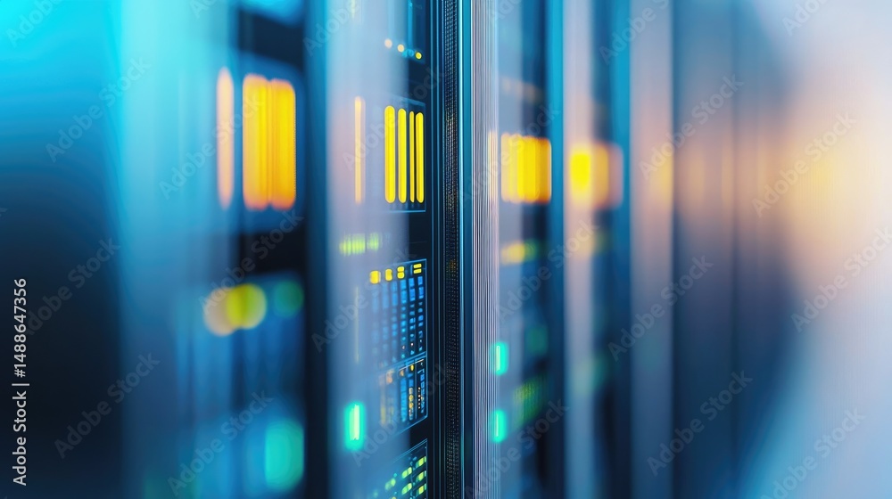 Fototapete 3D render of sleek server racks with glowing yellow and blue indicators in a blurred modern corridor, ideal for cloud computing, AI, cybersecurity, and data infrastructure designs
