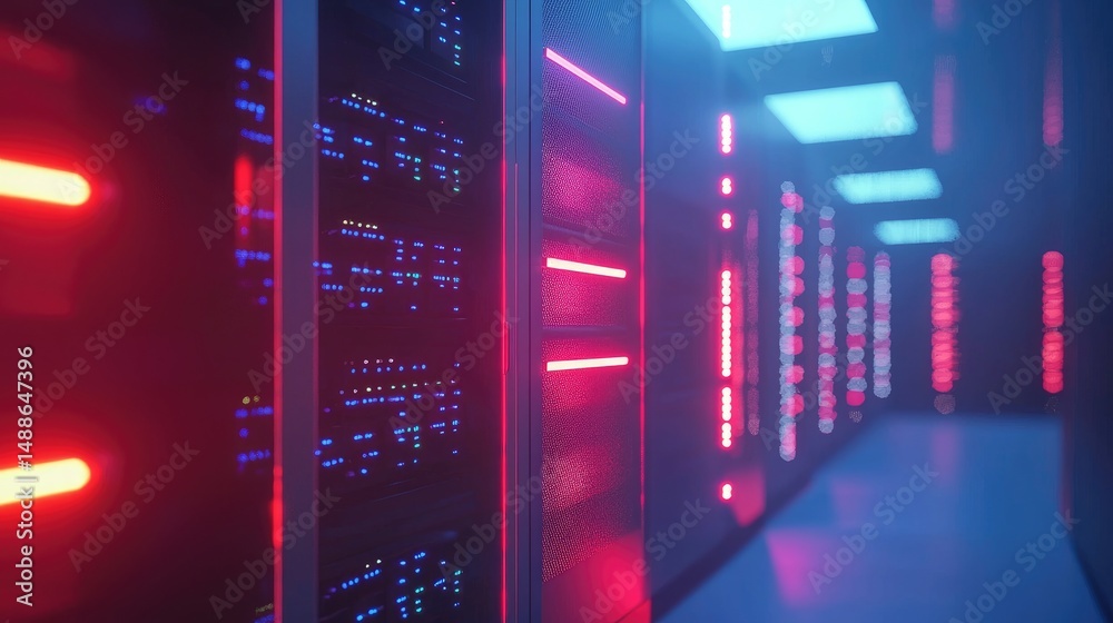 Aufkleber 3D render of glowing server racks with vivid pink and blue lights in a high-tech corridor, ideal for futuristic data center, AI cloud, or cybersecurity visual content
