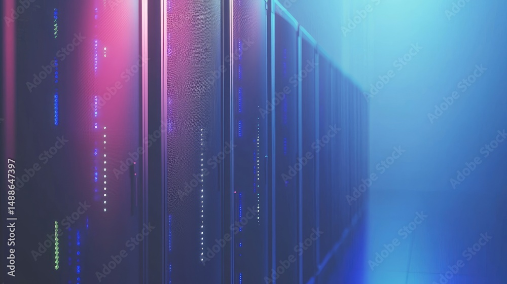Poster 3d render of server racks illuminated by purple and blue lighting in a misty futuristic corridor, pe