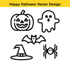 Halloween Vector Icons Set – Pumpkins, Ghost, Witch Hat, Bat, Skull & Spider Web, Haunted House, Witch