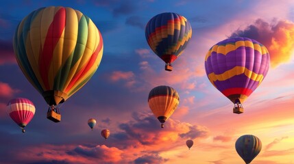Fototapeta premium A vibrant hot air balloon festival at sunrise, dozens of balloons in various colors and patterns floating gracefully against a pastel sky,