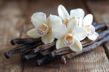 Naklejka premium Elegant orchid flowers arranged with vanilla pods on a rustic wooden surface for a natural, aromatic display