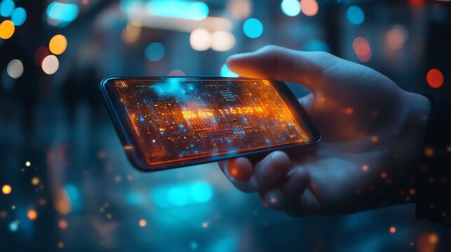 A hand holds a phone displaying a vibrant, futuristic interface with glowing data and circuit patterns.
