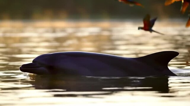 Amazon river dolphin and macaw parrots flying in the amazon river at sunset wildlife photography