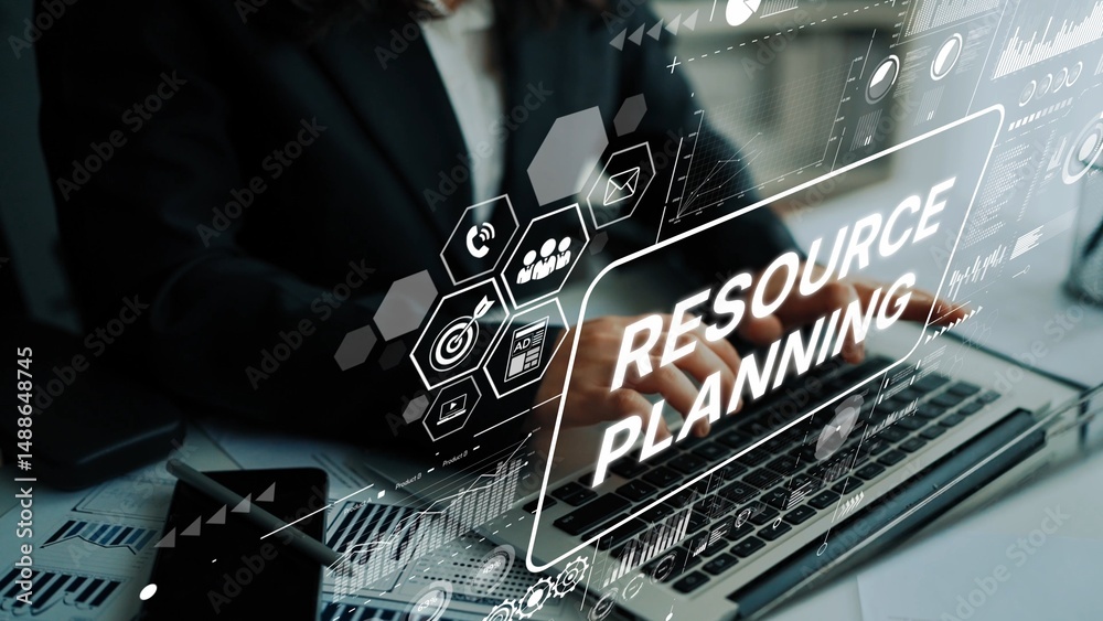 Poster professional businessperson engaging in resource planning with digital interface and data visualizat