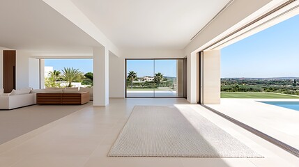 Fototapeta premium Modern Minimalist Home Interior with Large Windows, Natural Light, and Views of a Lush Landscape for Interior Design Inspiration.
