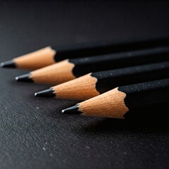 Four black pencils lie on a dark surface.

