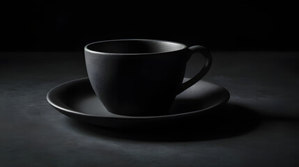Fototapeta premium Stylish black ceramic coffee cup and saucer set against dark background