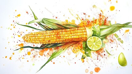 A watercolor painting of an ear of corn with its husks partially peeled back and a lime wedge in the center, all surrounded by splashes of yellow, orange, and green paint