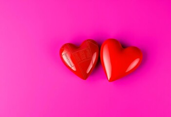 Fototapeta premium Two vibrant red hearts on a Viva Magenta background, ample copy space, heart shape, illustration