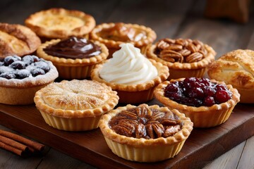 Variety of mini pies with various flavors displayed on a wooden cutting board