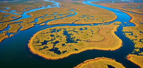Vast wetlands, meandering river, abundant vegetation, aerial view of San Joaquin River National Wildlife Refuge, wetlands, national wildlife refuge