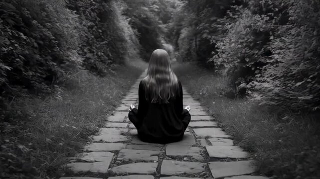 Mysterious girl meditating in black and white woods, slow zoom on flowing hair [video]