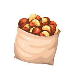 Golden roasted chestnuts with shiny shells served in a crumpled paper bag. Traditional winter street snack. Cartoon vector illustration for seasonal food design, packaging, or menu.
