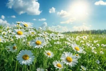 Field of daisies blooming under a bright sun in a clear blue sky during springtime