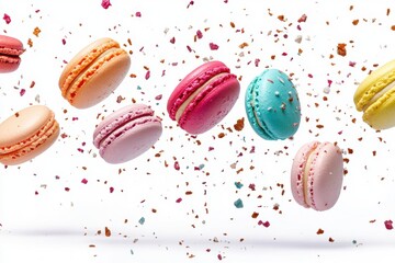 Colorful macarons floating in the air with confetti in a whimsical celebration setting, Colorful macarons flying on the air with among the crumbs isolated on blue background