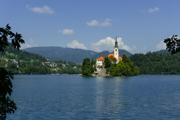 very small island on natural bled lake in summer with church in middle and beautiful green trees...