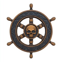 pirate captain's wheel with skull carvings