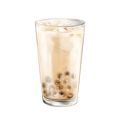 A refreshing glass of iced bubble tea with tapioca pearls and creamy milk is isolated on a white background, perfect for a delicious and sweet treat now.