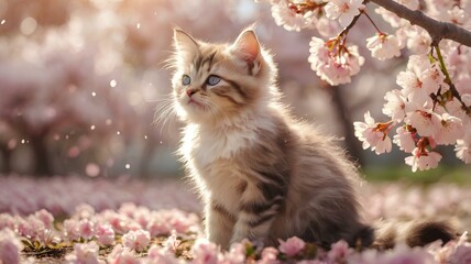 An adorable fluffy kitten with blue eyes sits amongst delicate pink cherry blossoms in a vibrant spring garden.