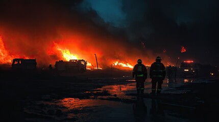Fototapeta premium Firefighters battling wildfire at night