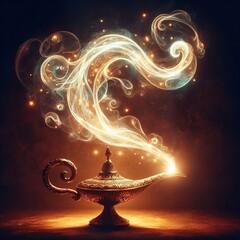 An ornate antique lamp emits magical glowing smoke and sparkling particles against a dark background, evoking fantasy and wonder.