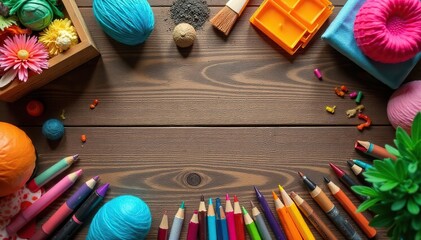Variety of crafting materials arranged on wooden table, craft supplies, background, handmade