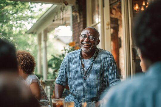 An older man laughs with his friends and family on a porch in the sun.