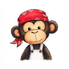 Pirate monkey wearing red bandana on white background, funny animal, cartoon style