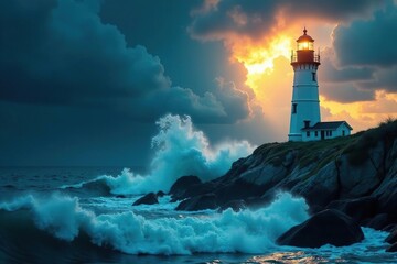 Lighthouse silhouette against raging storm, powerful waves, powerful, beam, weather